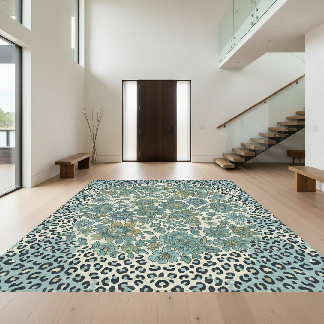 Teal Leopard Floral Medallion Arrangement Rug