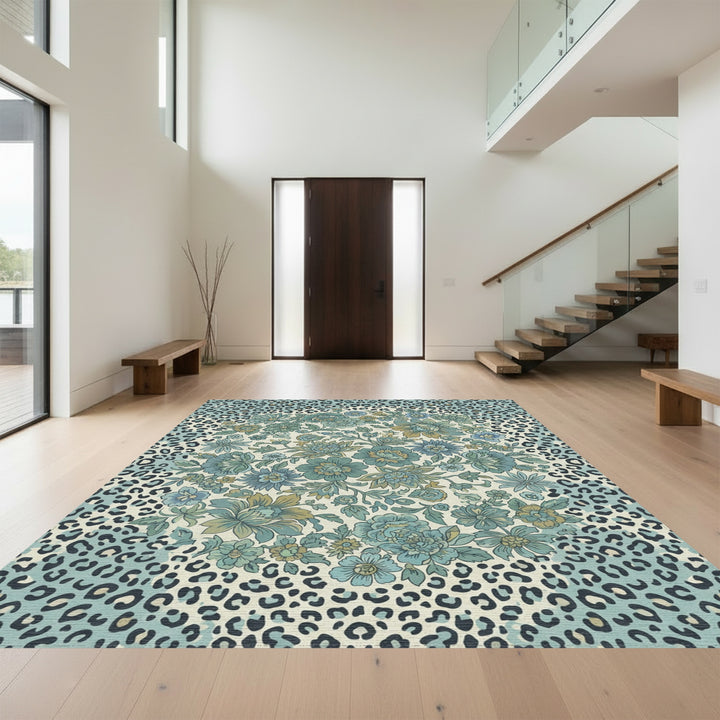 Teal Leopard Floral Medallion Arrangement Rug