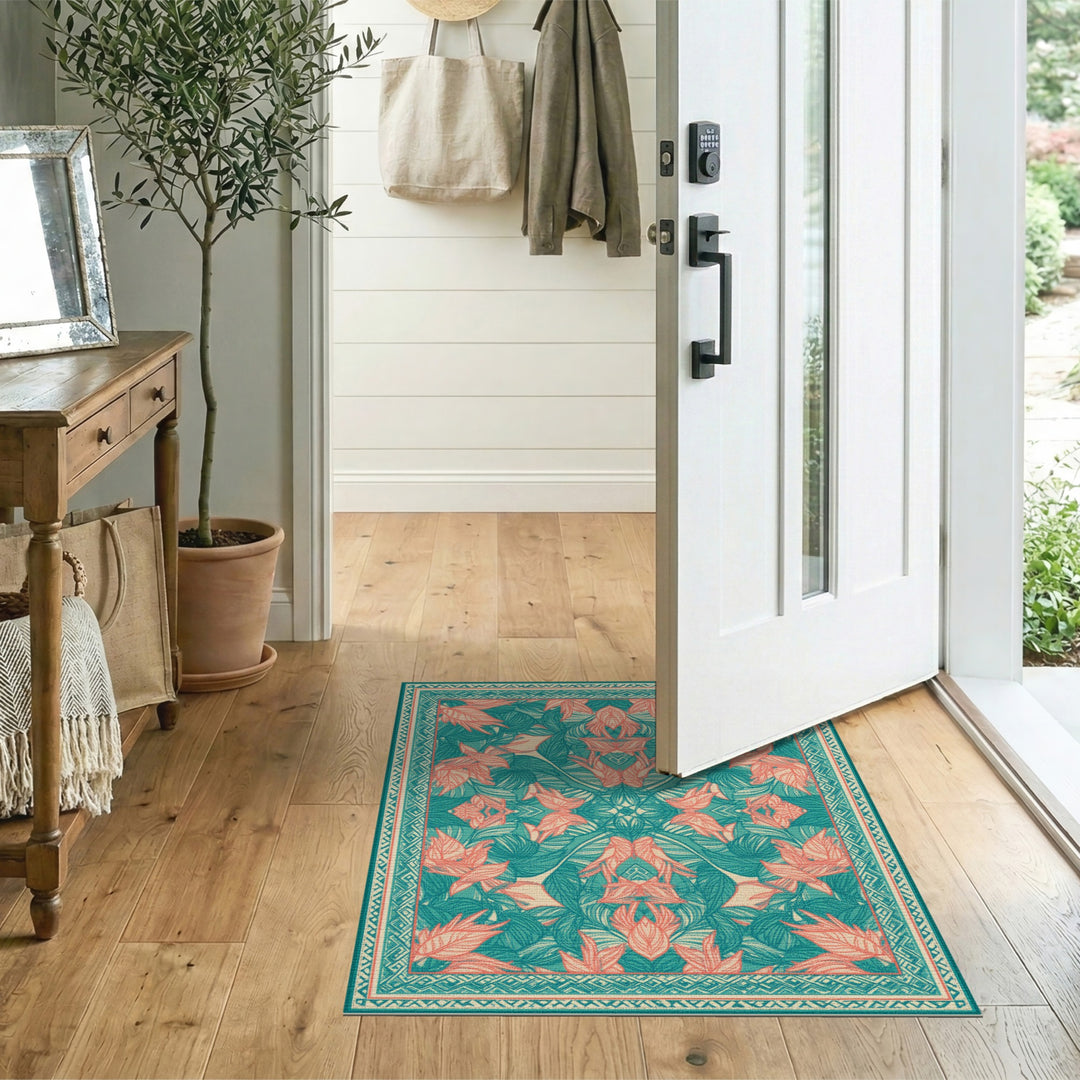 Teal Coral Leaf Botanical Area Rug