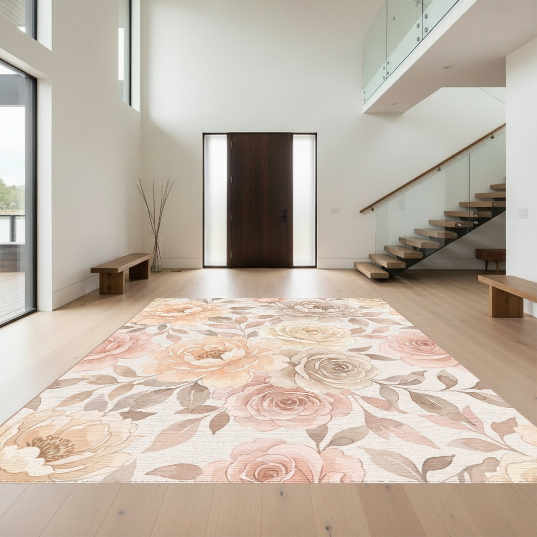 Soft Peach Mauve Floral Cluster Rug