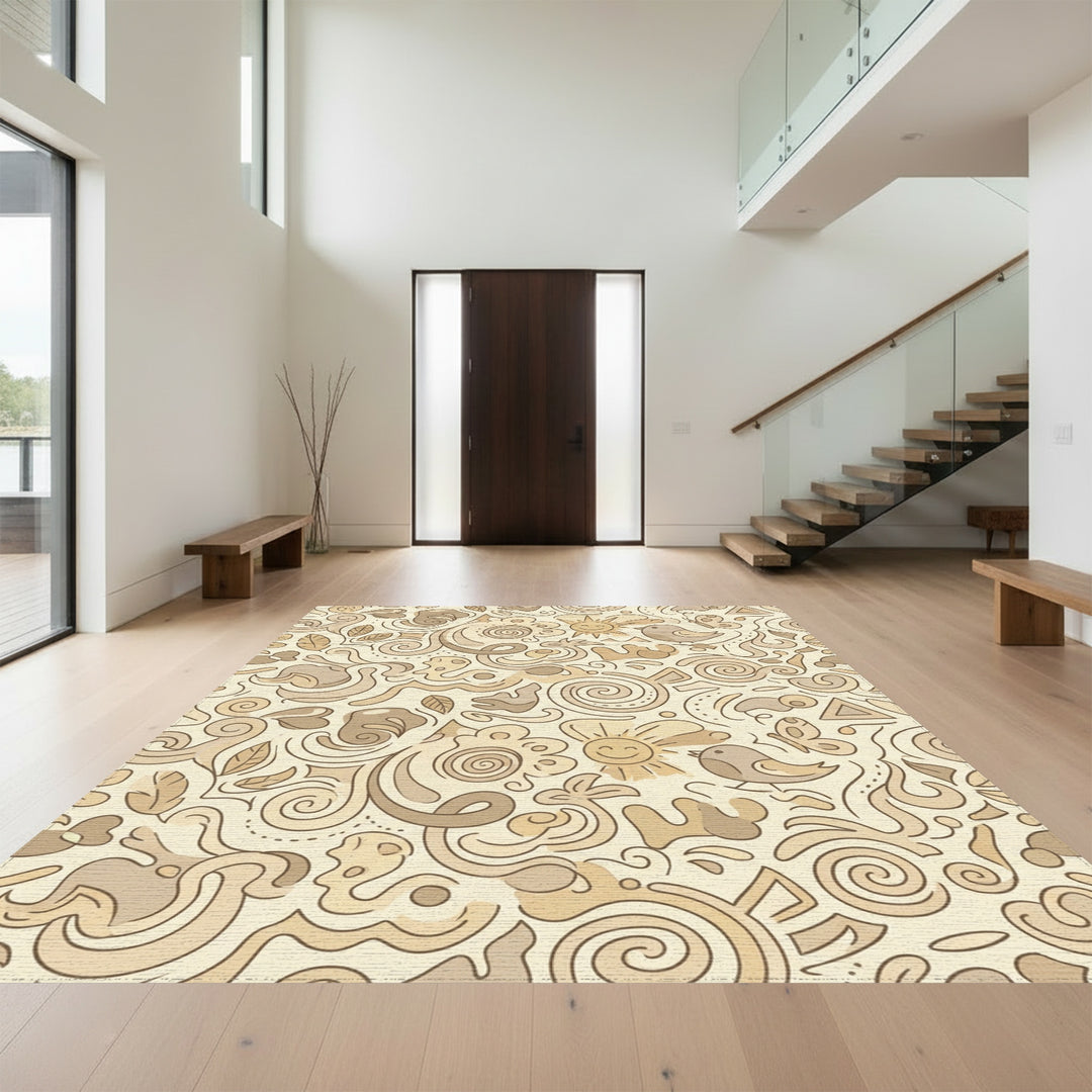 Whimsical Beige Sun Bird Butterfly Swirls Rug