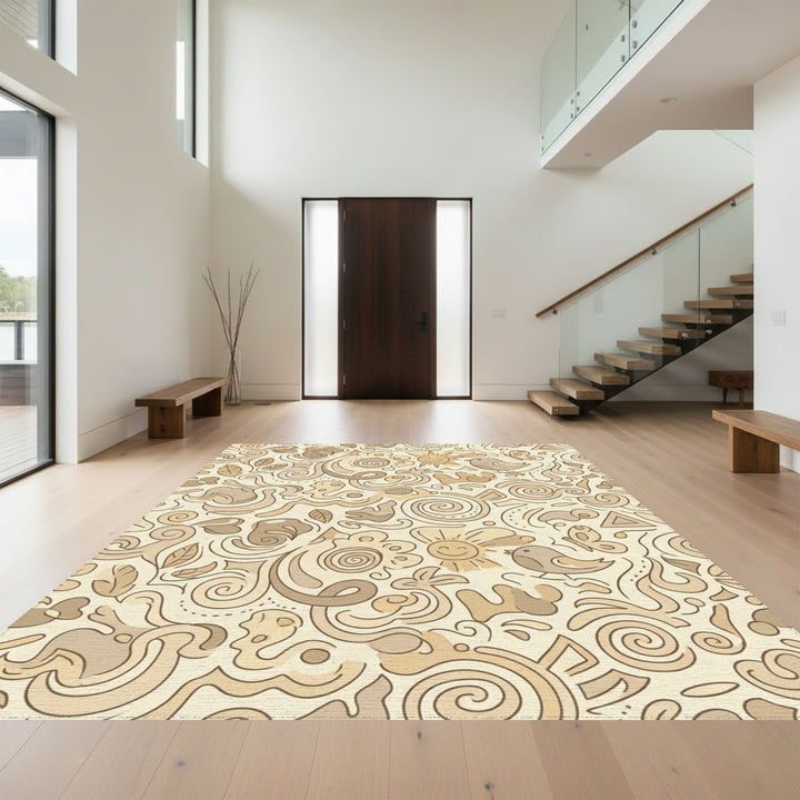 Whimsical Beige Sun Bird Butterfly Swirls Rug