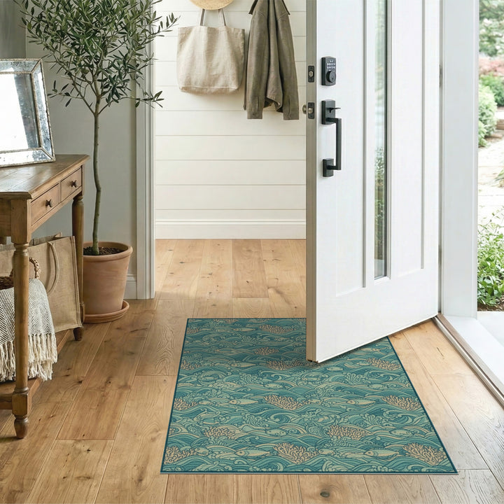 Teal Coastal Waves Fish Area Rug