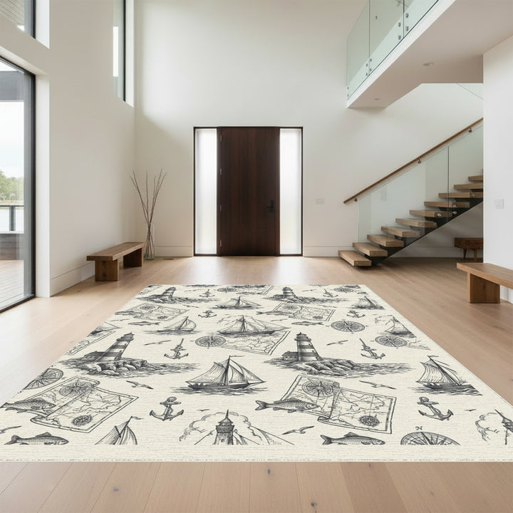 Nautical Seaside Lighthouses Sailboats Anchor Map Rug