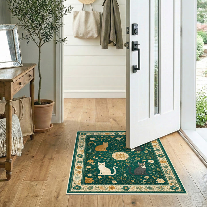 Green Vintage Floral Cats Area Rug