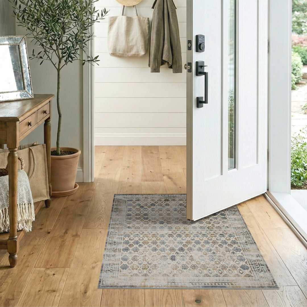 Beige Neutral Distressed Geometric Area Rug