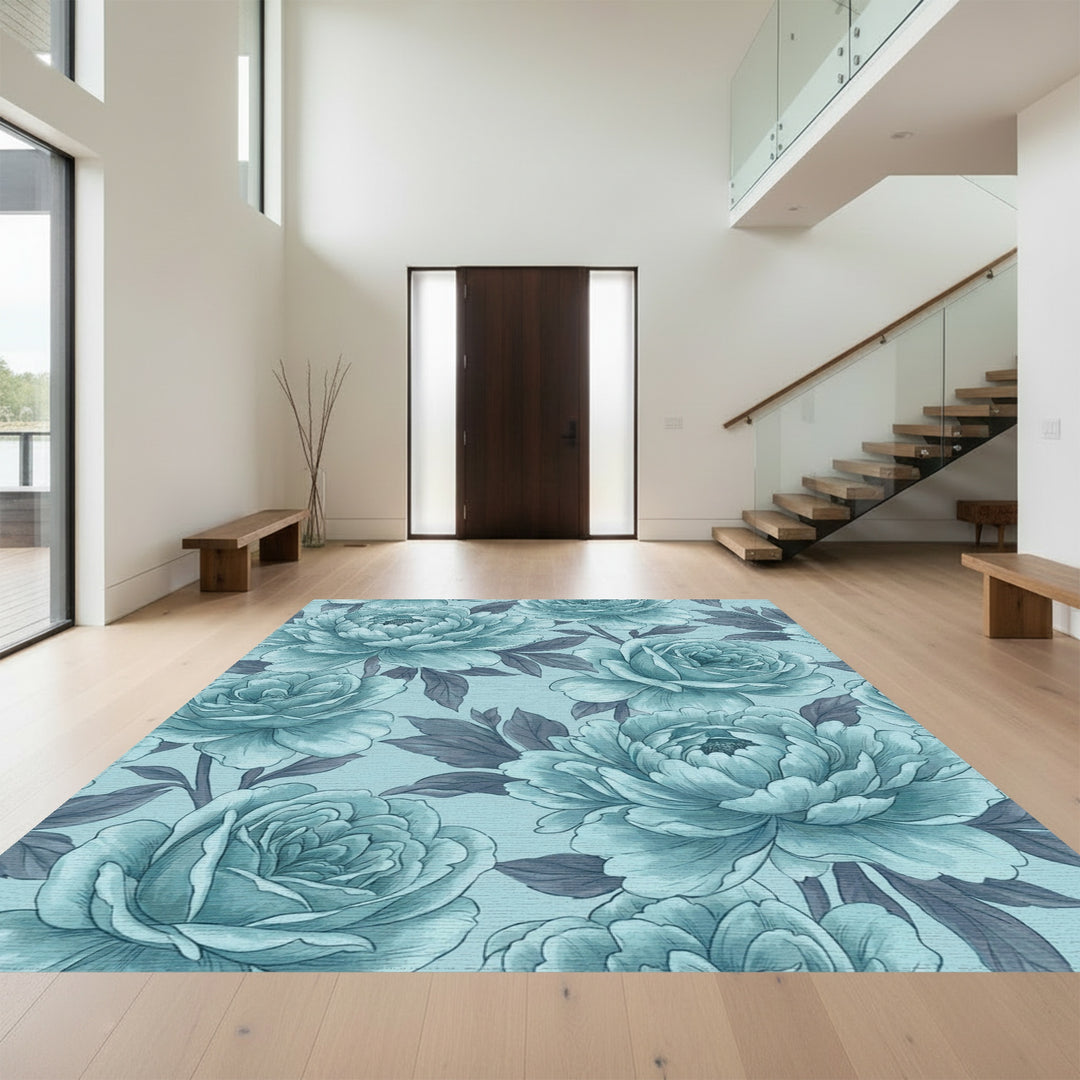 Teal Peony Garden Floral Rug