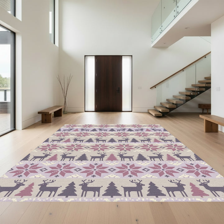 Pale Lavender Reindeer Pine Tree Stars Rug