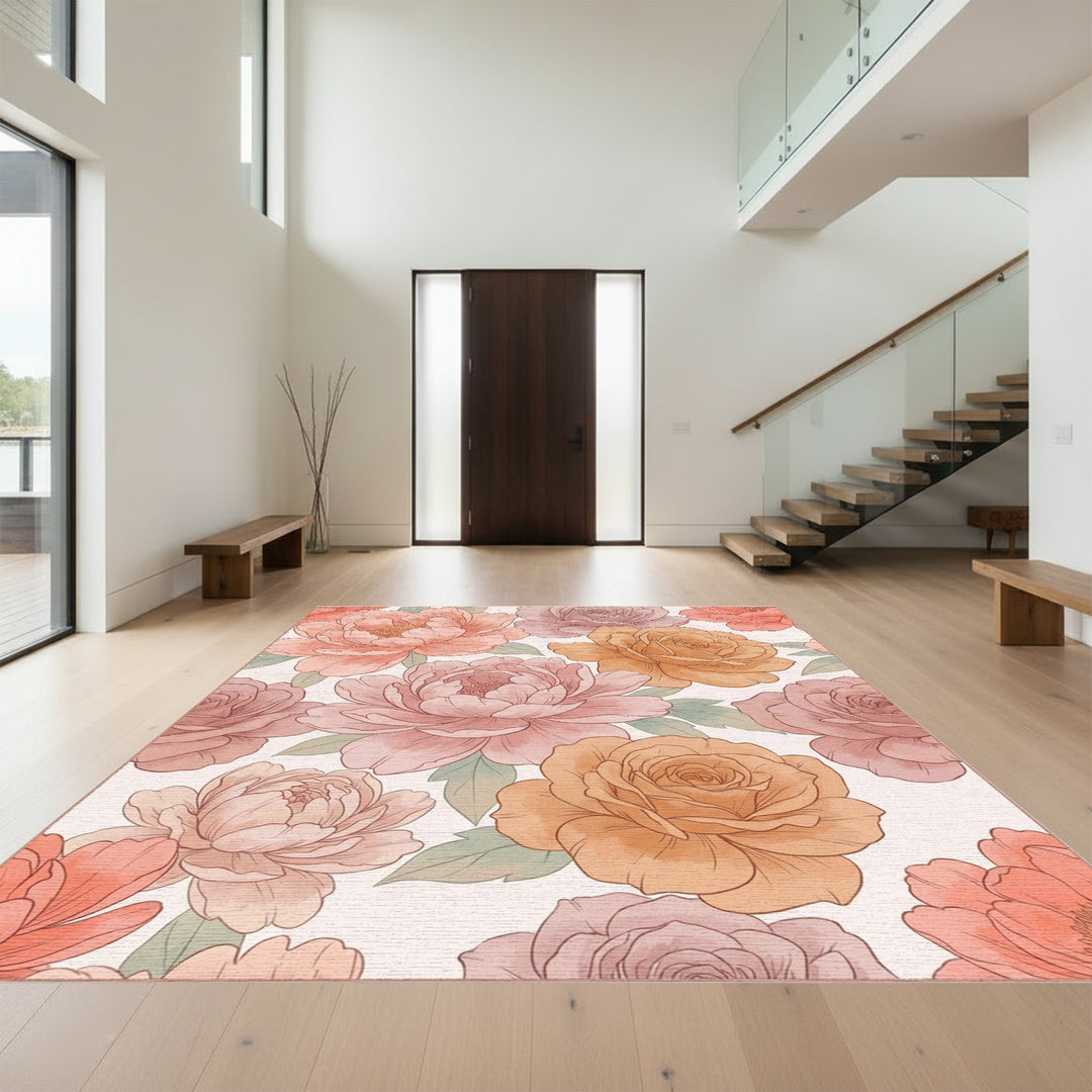 Soft Peach Rose Peony Watercolor Blend Rug