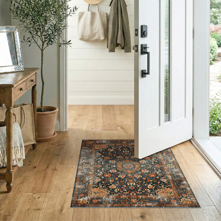 Blue Floral Distressed Vintage Rug