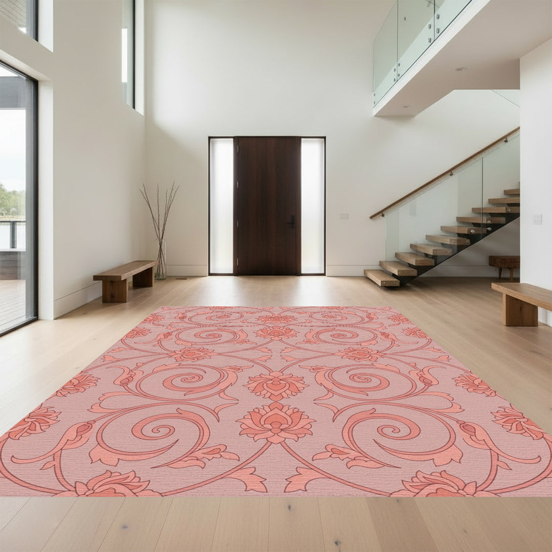 Rose Pink Floral Vines Swirl Rug