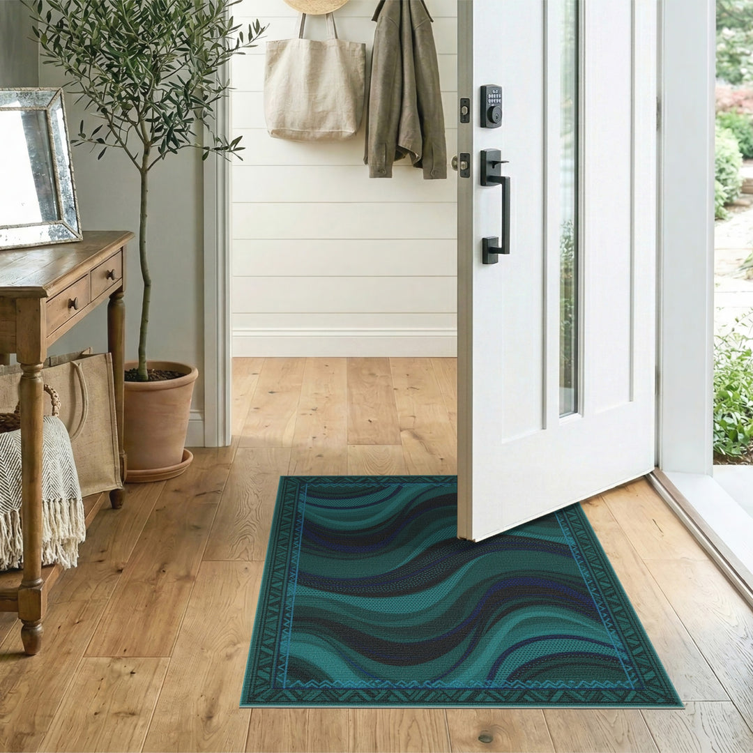 Teal Wave Abstract Area Rug