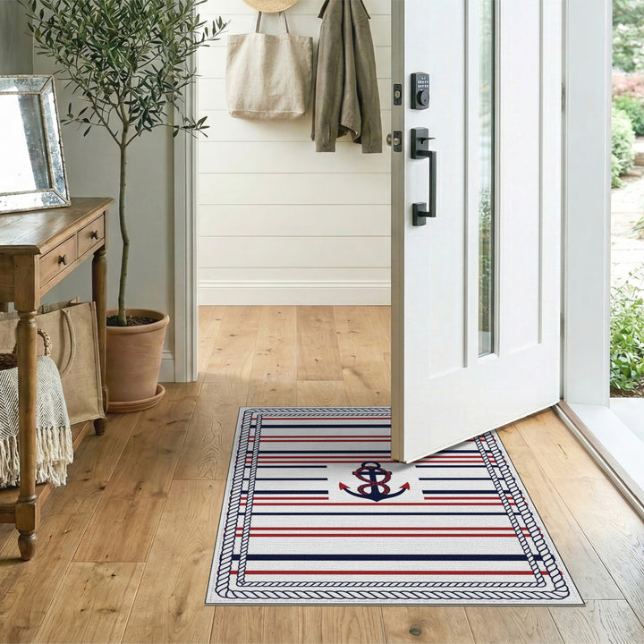 Nautical Anchor Striped Coastal Area Rug