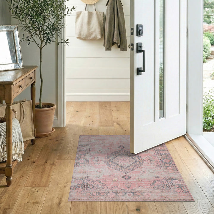 Pink Distressed Vintage Medallion Area Rug