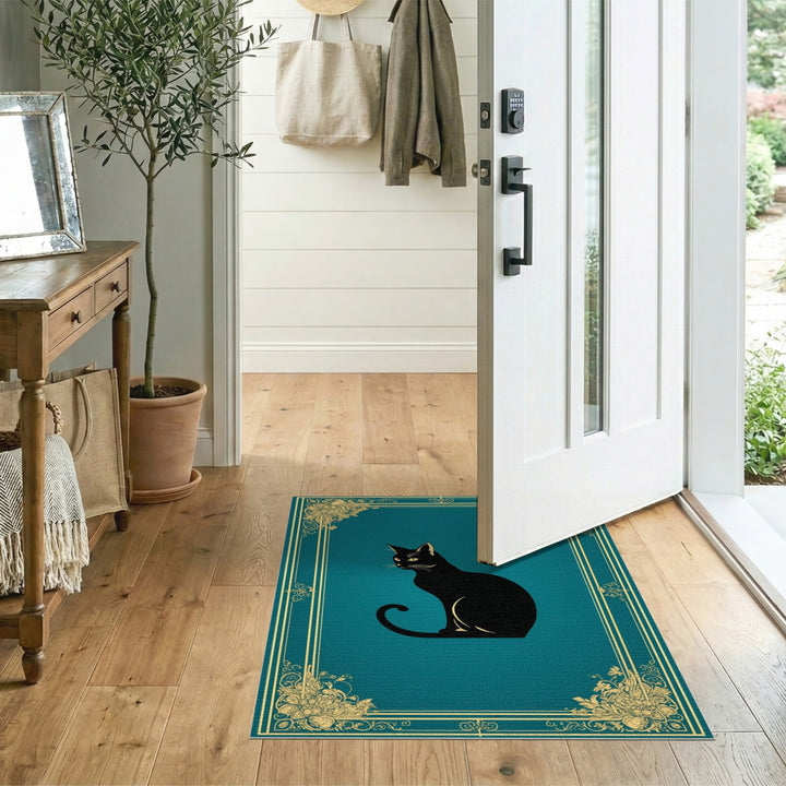 Black Cat Teal Floral Vintage Area Rug