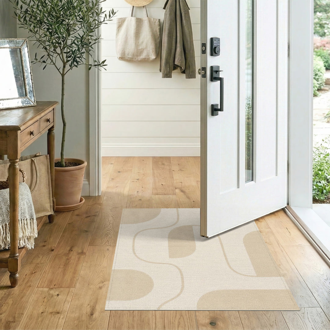 Organic Beige and Neutral Beige Organic Abstract Area Rug