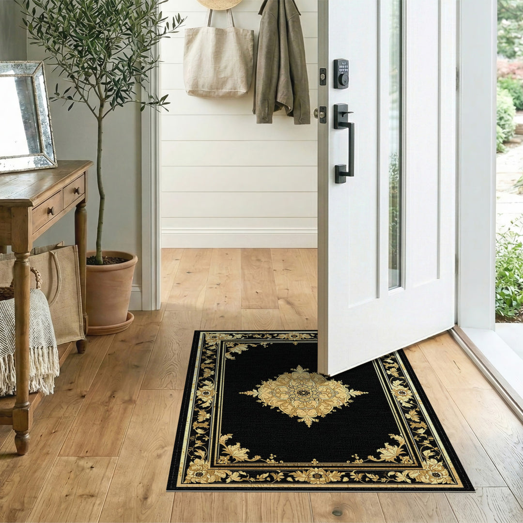 Gold Floral Medallion Black Area Rug