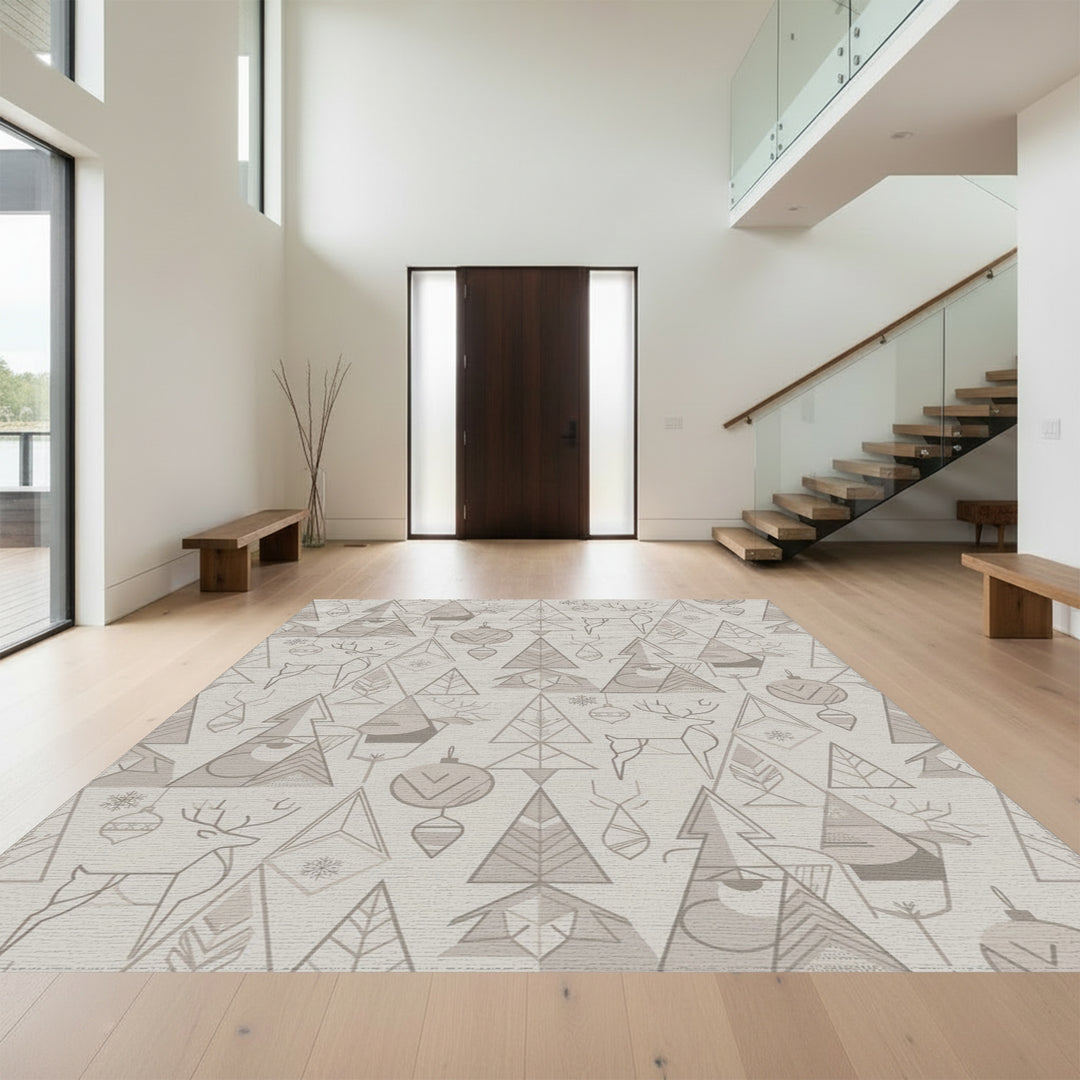 Neutral Geometric Woodland Winter Scene Rug