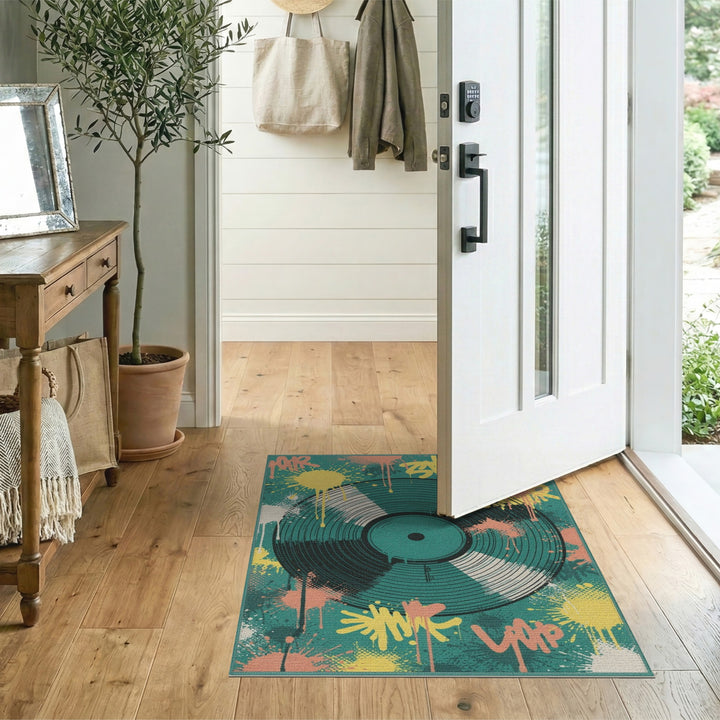 Teal Vinyl Record Graffiti Washable Area Rug