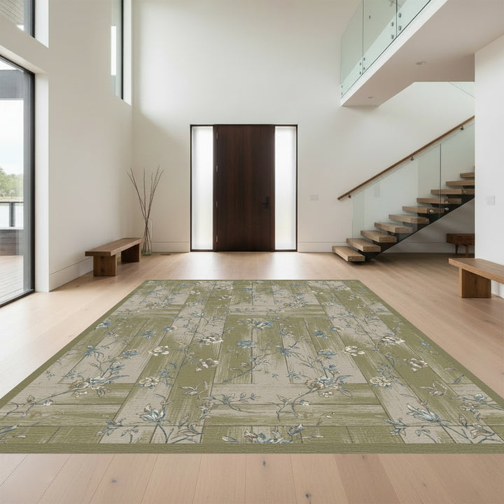 Vintage Green Floral Wood Panel Rug