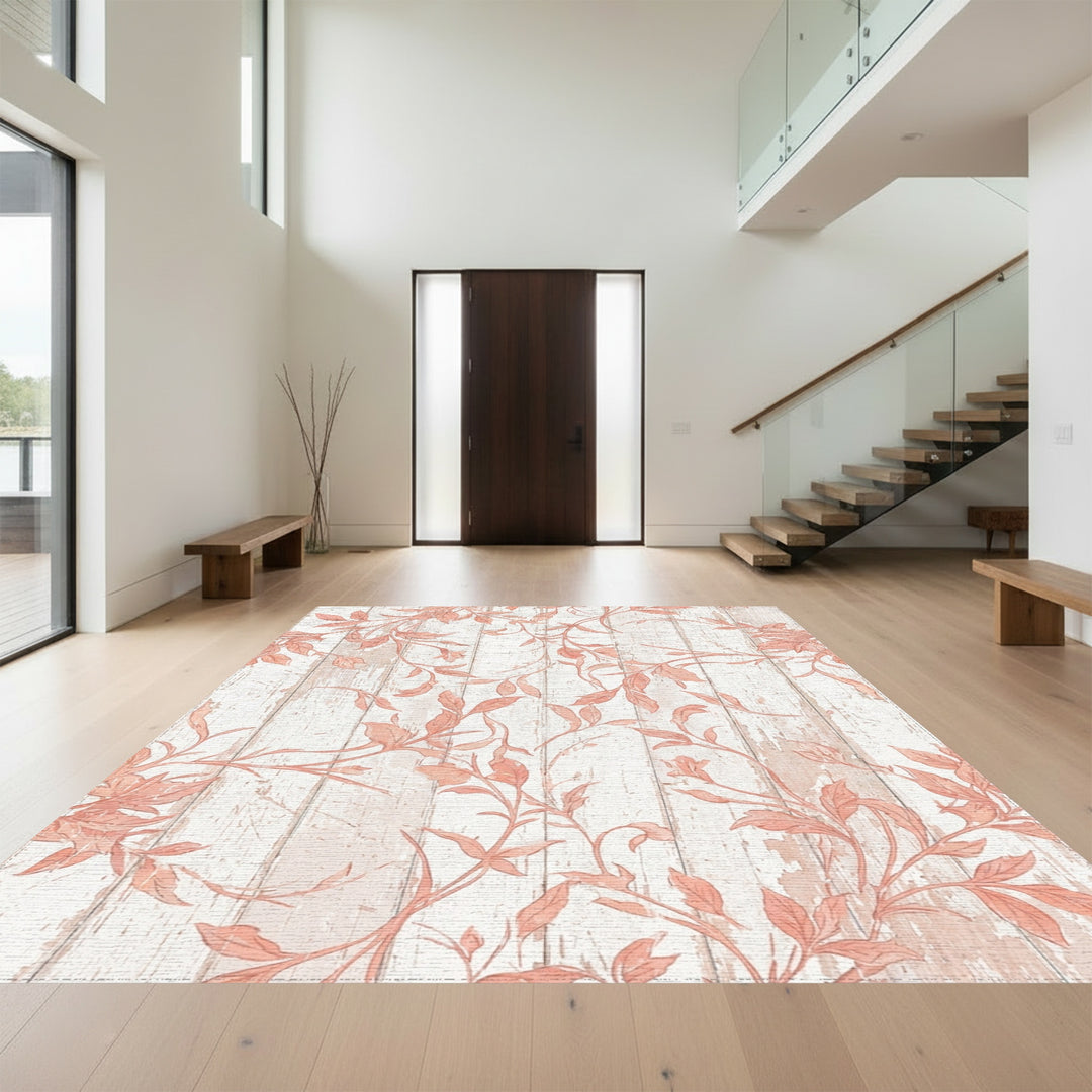 Coral Vine Scroll on Distressed Wood Rug