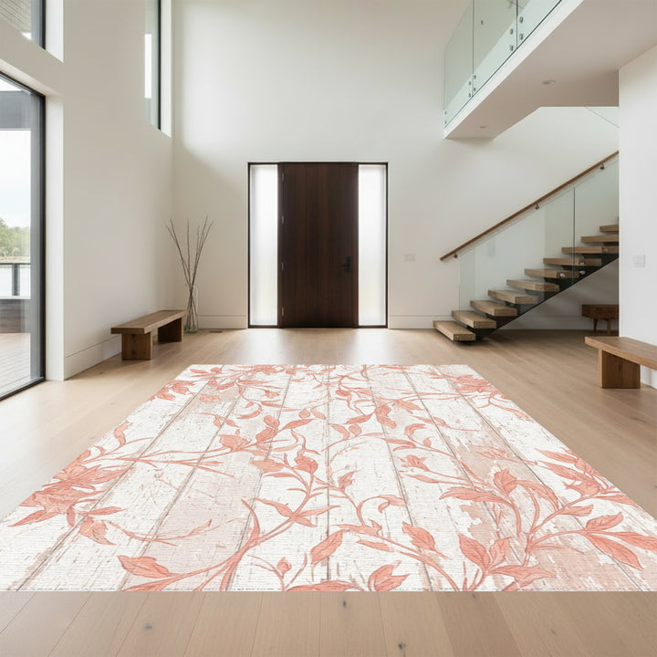 Coral Vine Scroll on Distressed Wood Rug