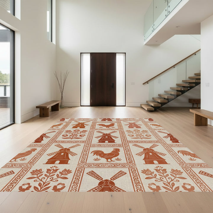 Rustic Terra Cotta Windmills and Roosters Rug