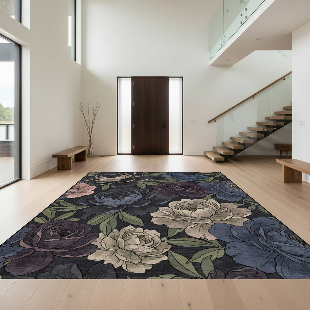 Dark Floral Peony Garden Rug