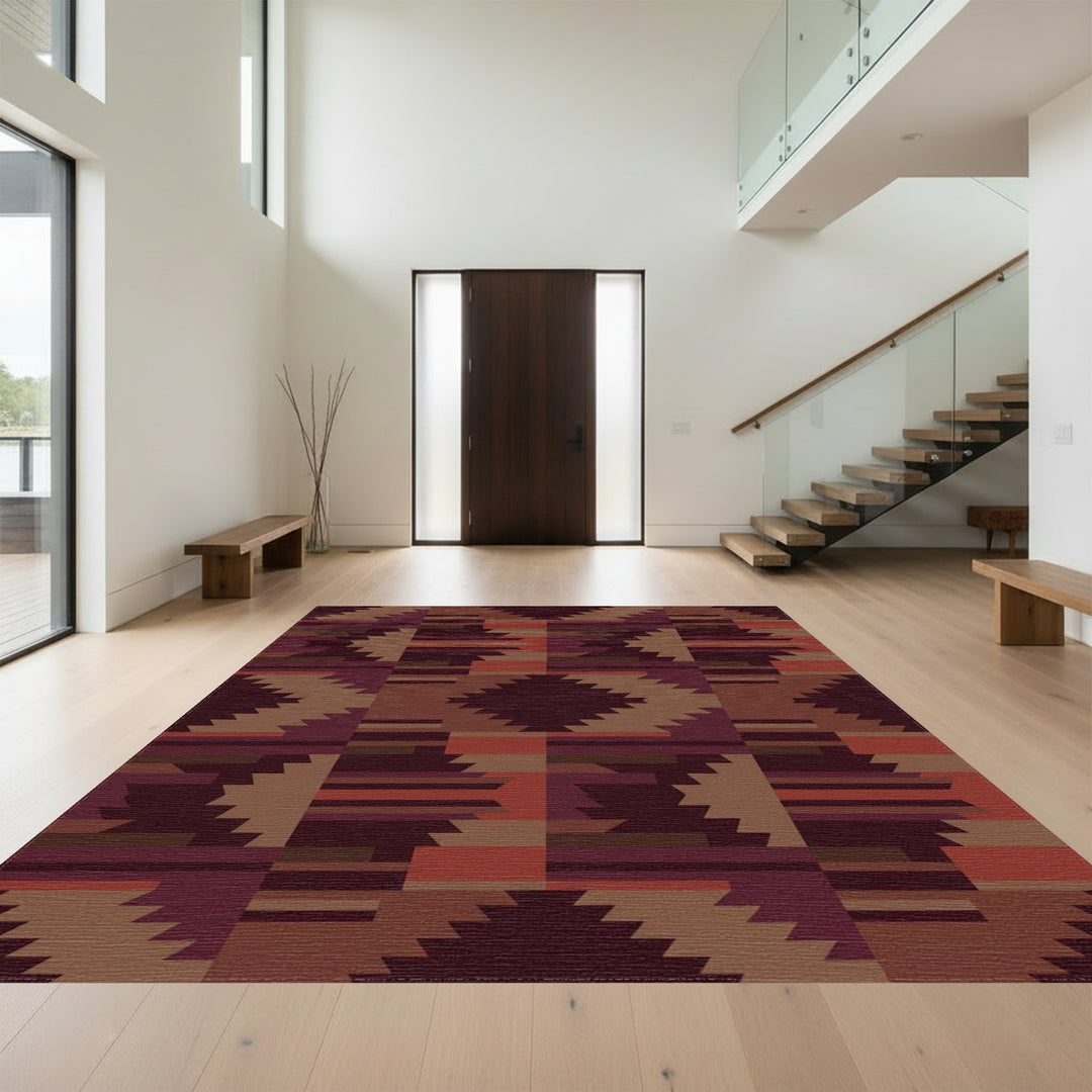 Earthy Crimson Chevron Block Rug