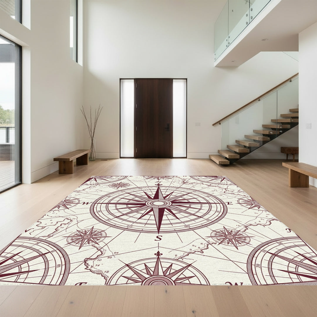 Vintage Maroon Compass Rose Map Rug