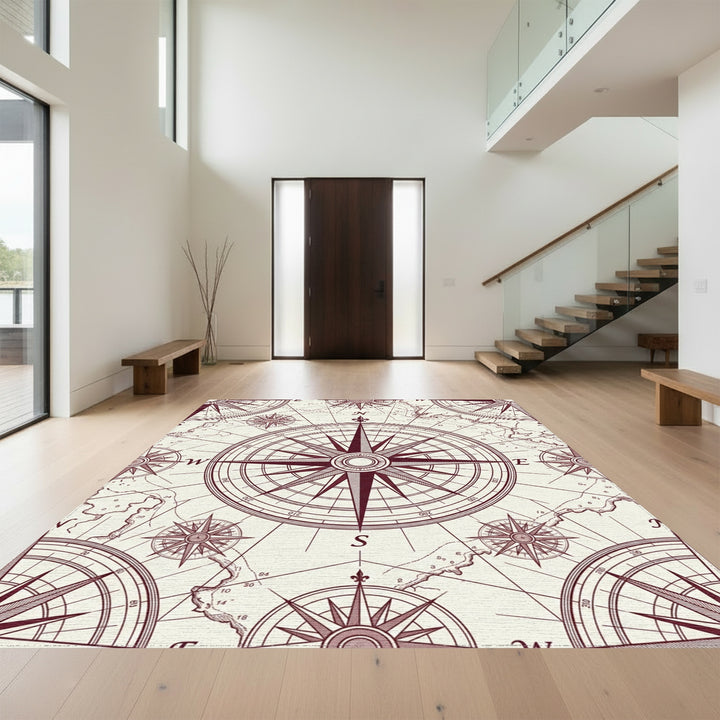 Vintage Maroon Compass Rose Map Rug