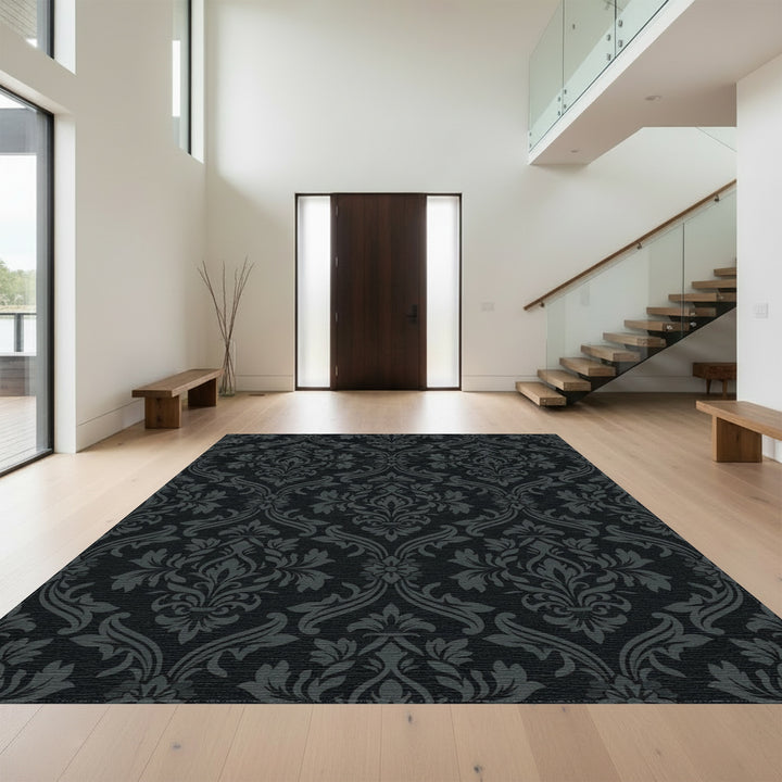 Dark Charcoal Damask Floral Arrangement Rug