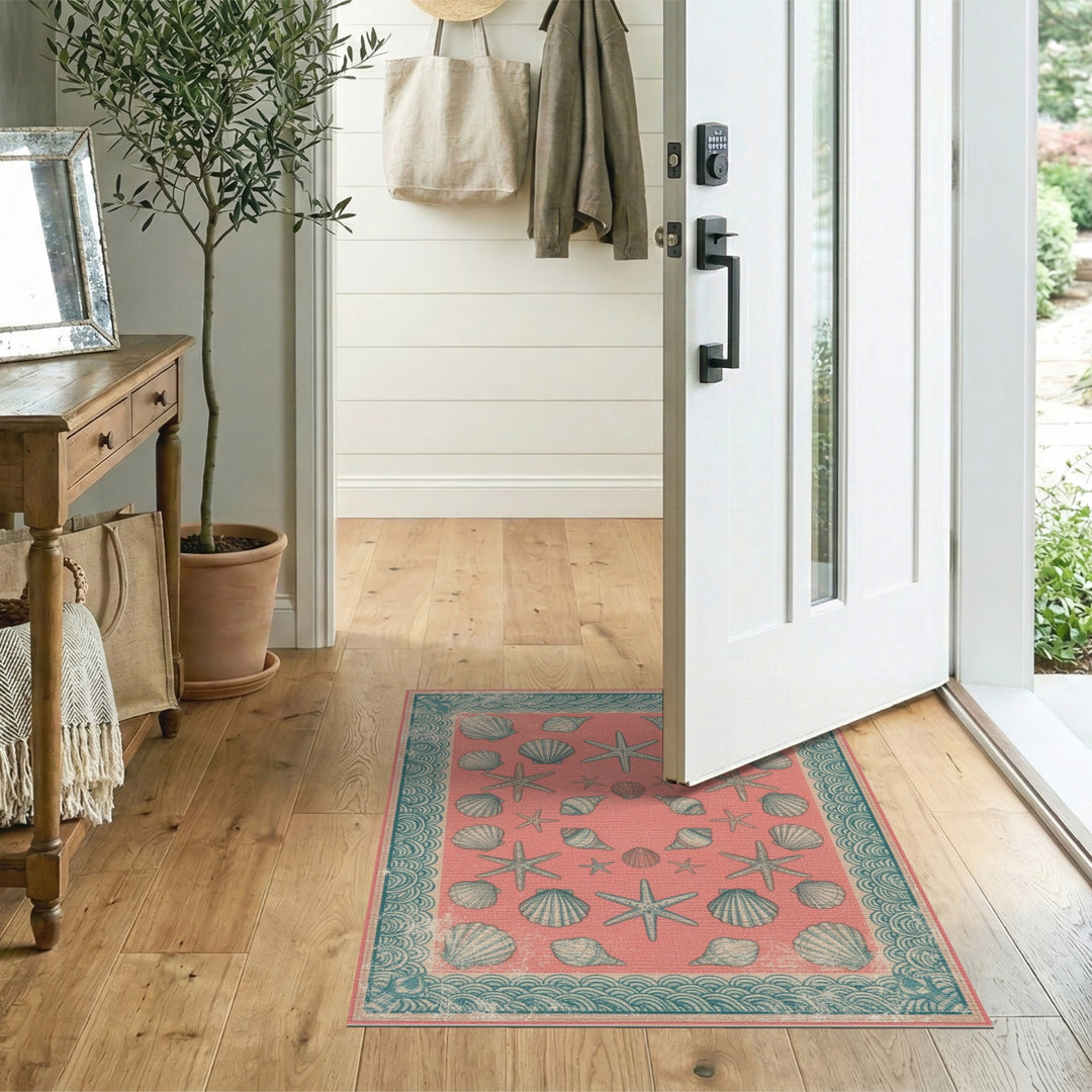 Pink Coastal Seashell Starfish Area Rug