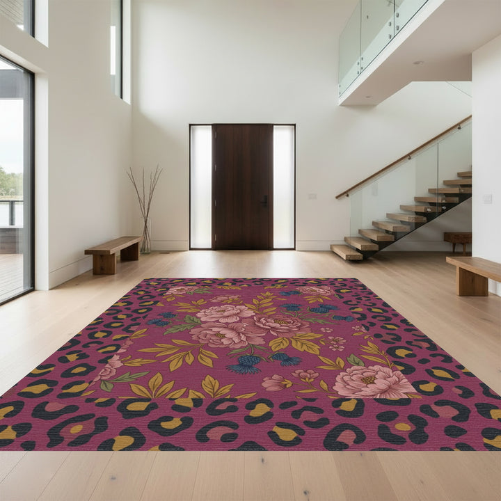 Burgundy Floral Leopard Border Rug