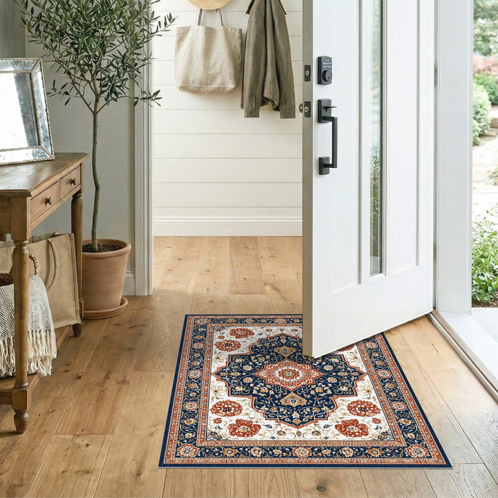 Navy Blue Persian Floral Medallion Blue and Teal Area Rug