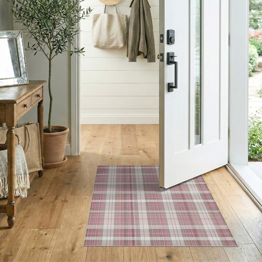 Pink Plaid Washable Geometric Modern Area Rug