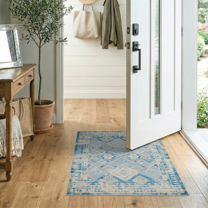 Distressed Blue Diamond Geometric Area Rug
