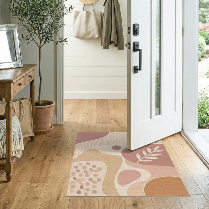 Abstract Neutral Beige Area Rug with Leaf Motif