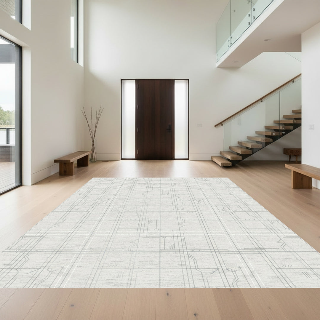 Minimalist Geometric Circuitry Grid Rug