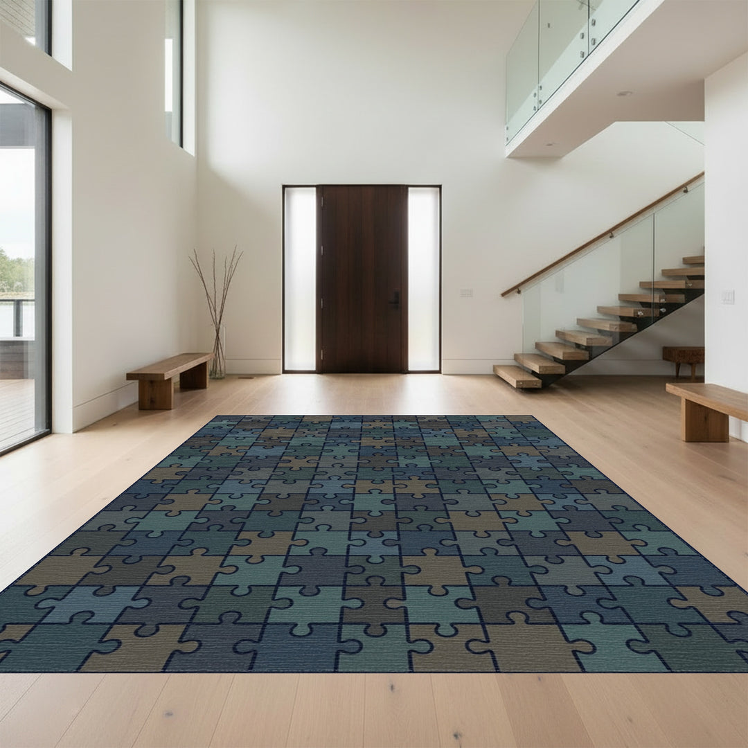 Earthy Blue Puzzle Pieces Rug