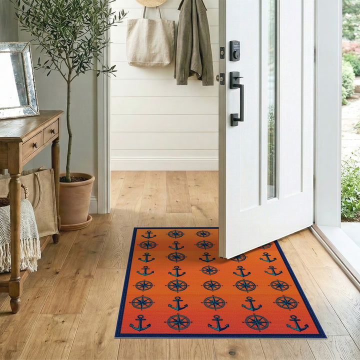 Orange Anchor Compass Coastal Area Rug