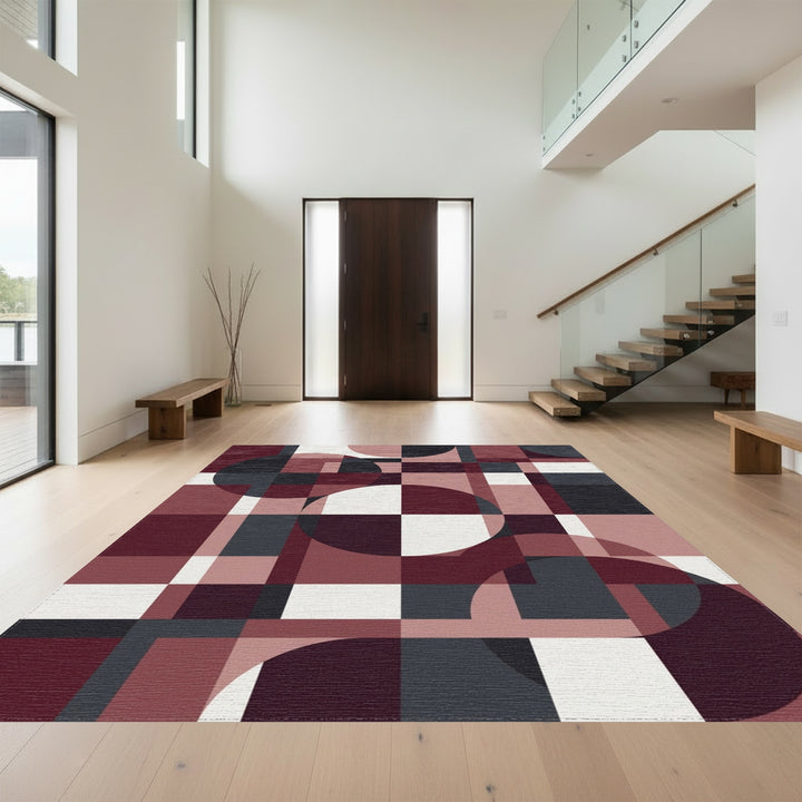 Geometric Crimson Circles Squares Rug