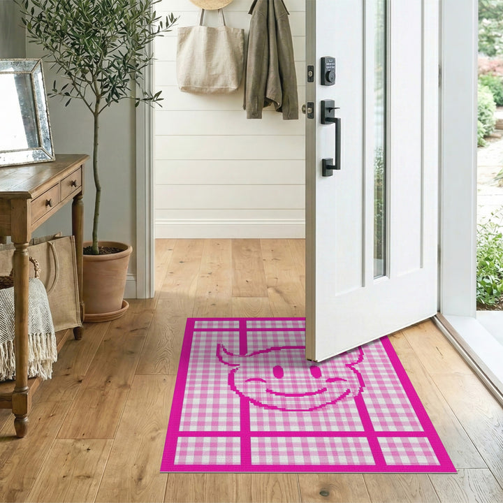 Pink Devil Smiley Checkered Kids Area Rug