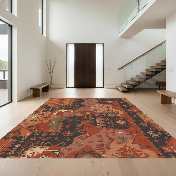 Earthy Ochre Abstract Tribal Patchwork Rug