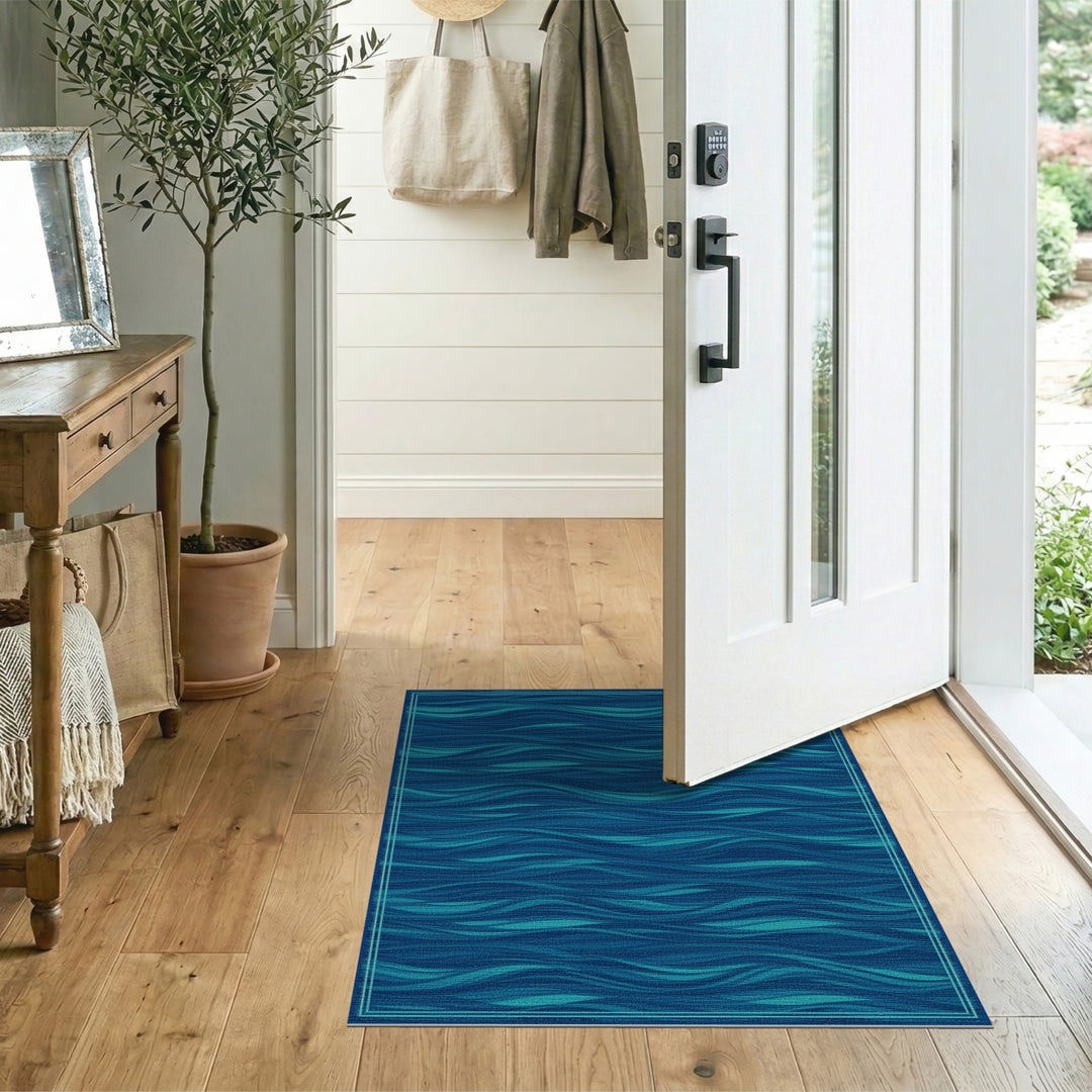 Blue Teal Ocean Wave Washable Area Rug