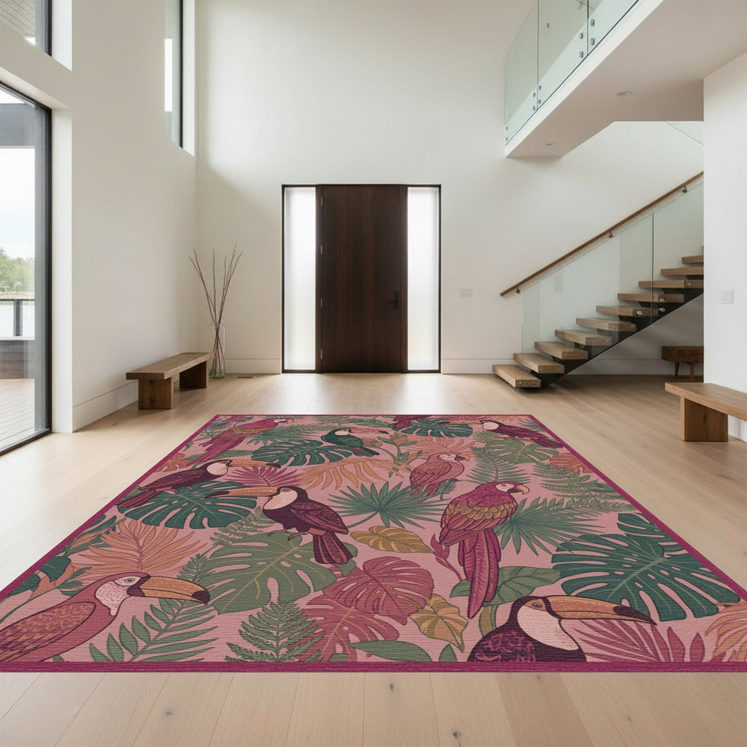Tropical Toucans and Parrots Foliage Rug