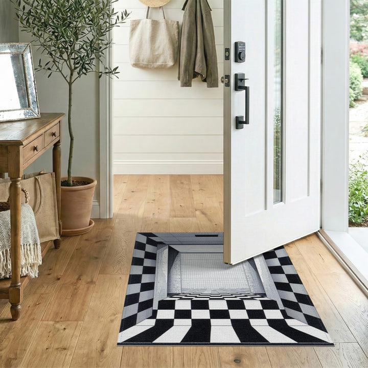 Black White Checkered Perspective Area Rug