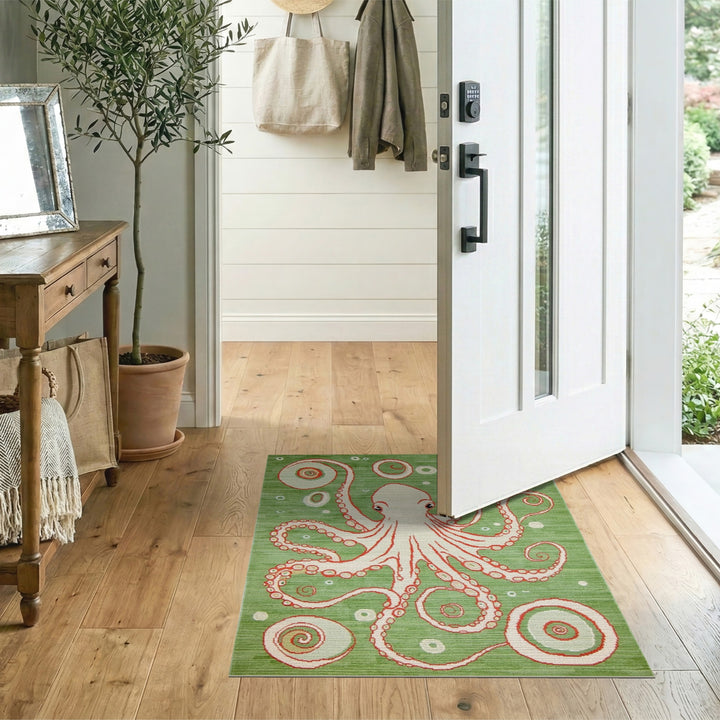 Green Octopus Swirl Washable Area Rug