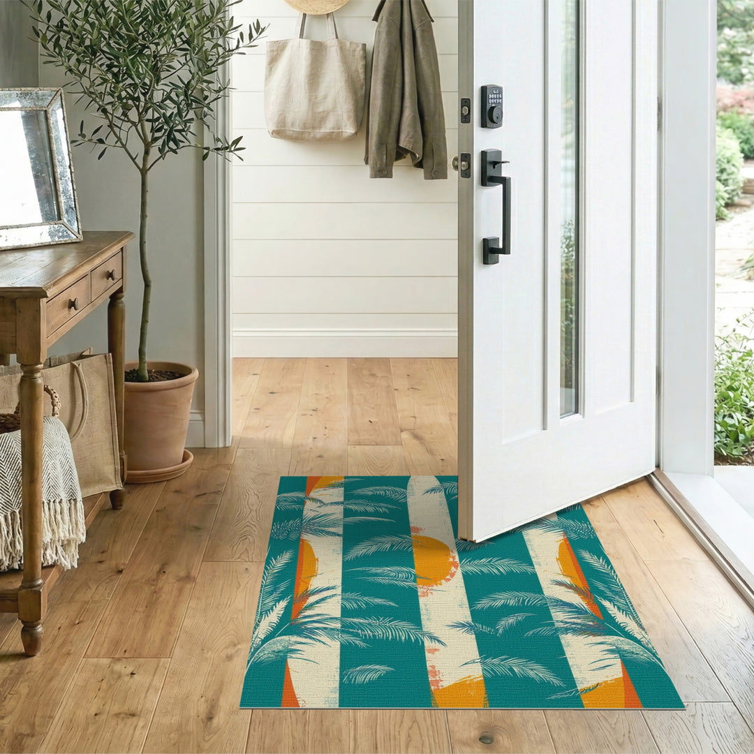 Coastal Surfboard Palm Washable Area Rug
