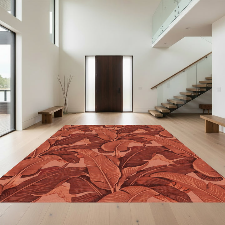 Terracotta Banana Leaf Tropical Foliage Rug
